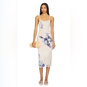 Agua Bendita NWT White Blue Floral Cotton Midi Dress Resort Euro Summer M